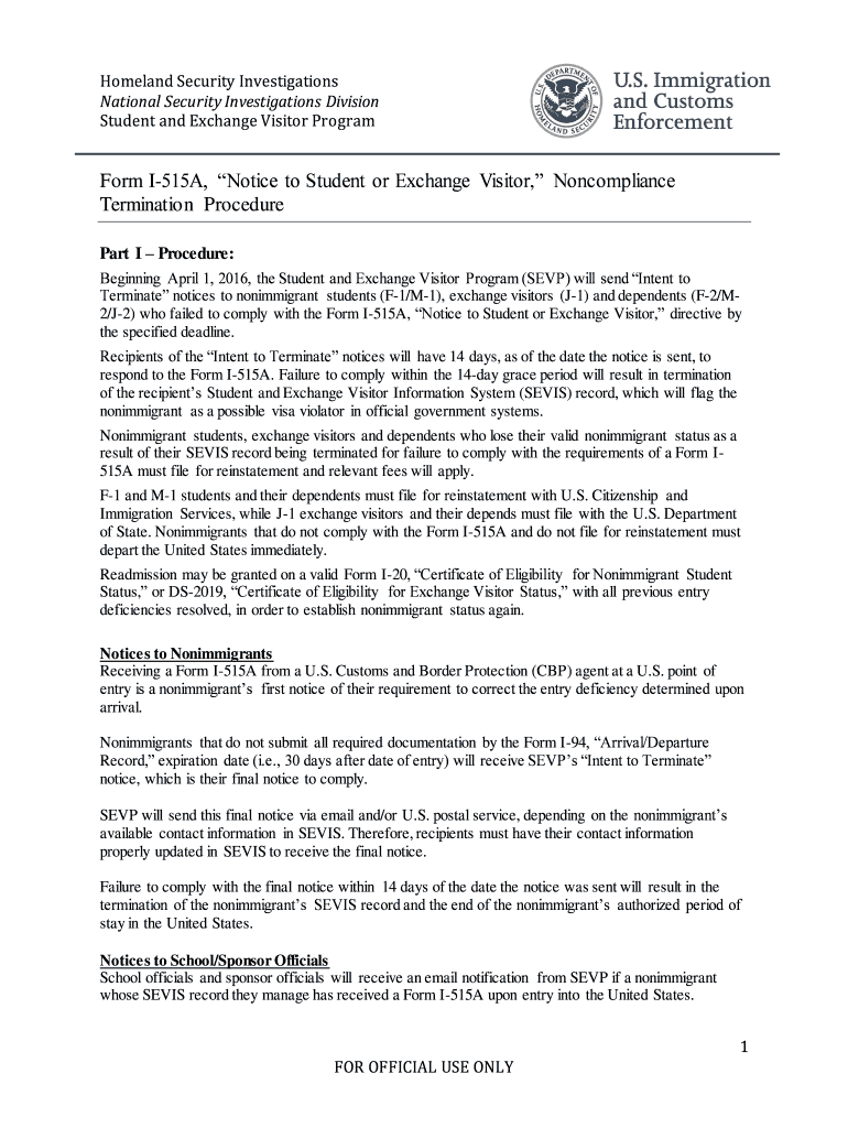 Form I 515A, Noncompliance Termination Procedure