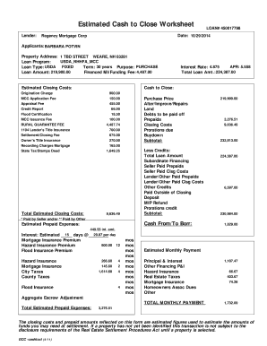 Cash to Close Worksheet  Form