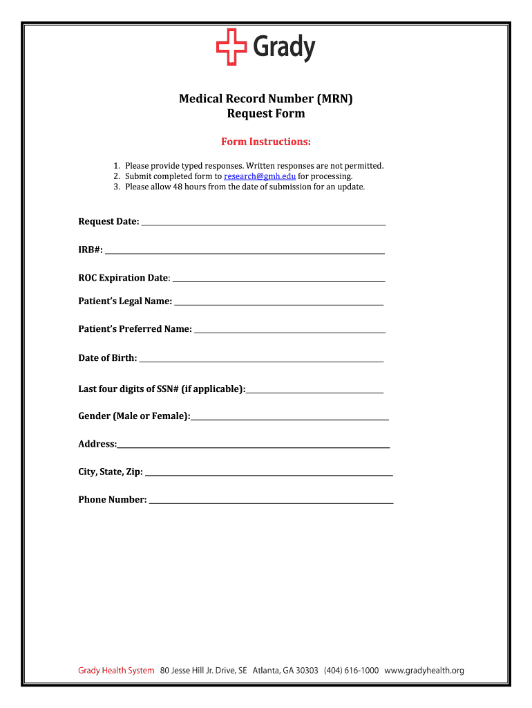 Medical Record Number Request Grady Health  Form