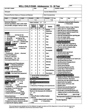 11 Year Old Well Child Check Template  Form