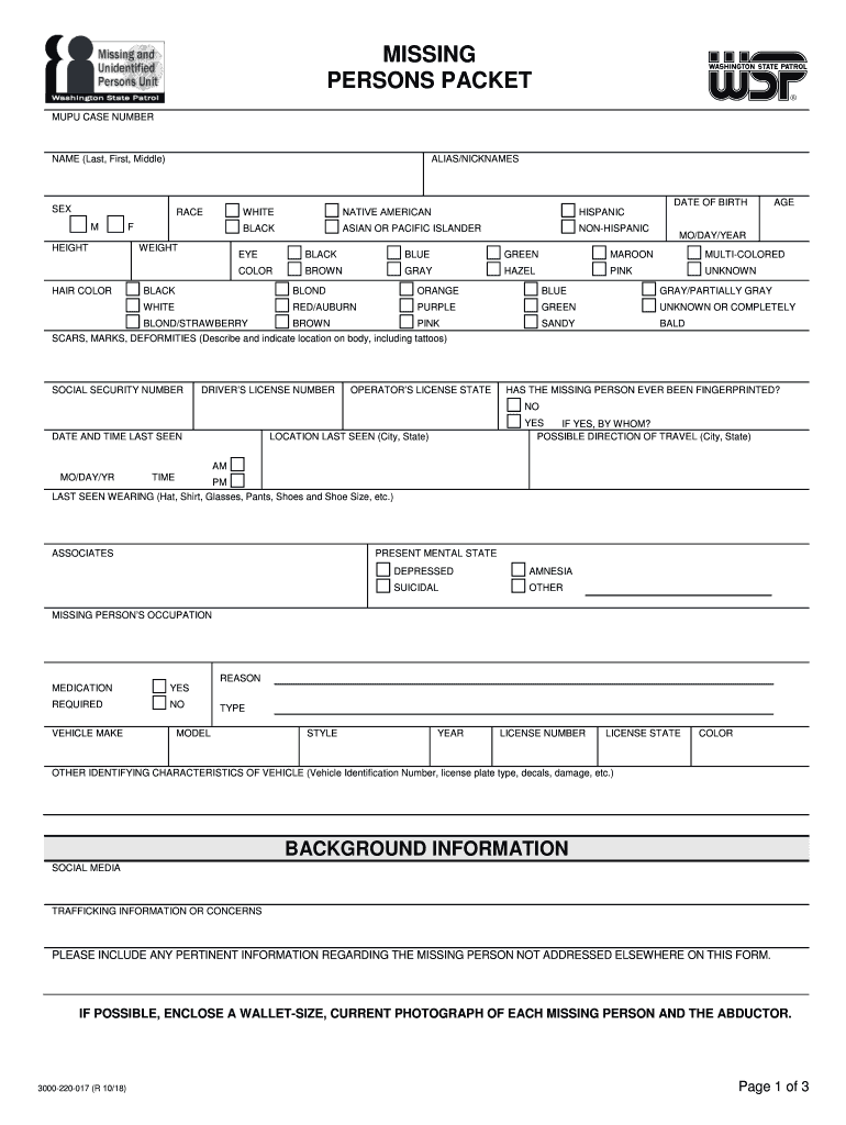 Missing Persons Unit Missing Persons Packet, R 1018 Washington State Patrol Missing and Unidentified Persons Unit  Form