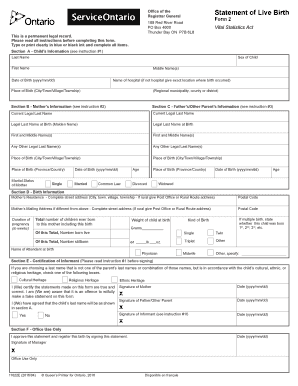 Statement of Live Birth Ontario  Form