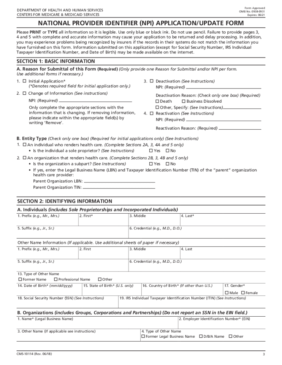 INSTRUCTIONS for COMPLETING the NATIONAL PROVIDER IDENTIFIER  Form