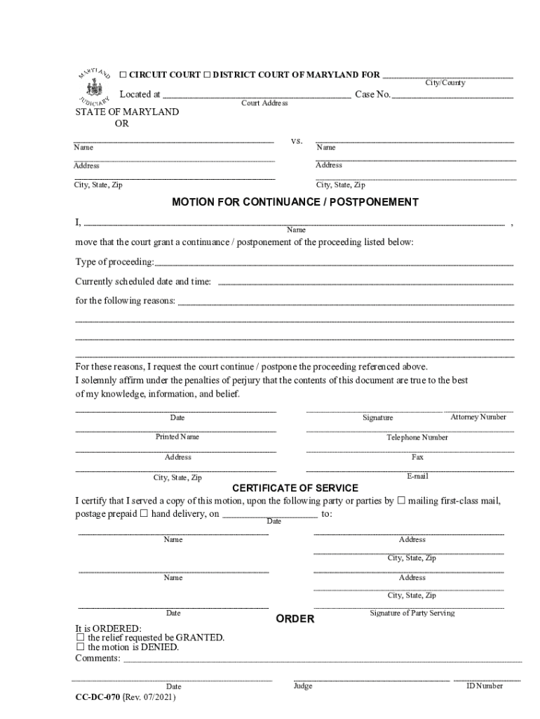 MOTION for CONTINUANCE POSTPONEMENT Form