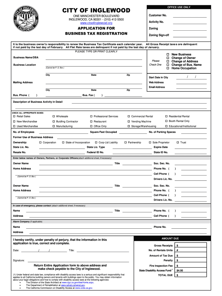 Business Tax Certificate Application City of Inglewood  Form