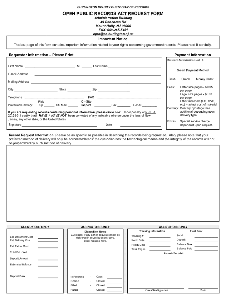 BURLINGTON COUNTY CUSTODIAN of RECORDS ADMINISTRAT  Form