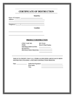 CERTIFICATE of DESTRUCTION Mynavyexchange Com  Form