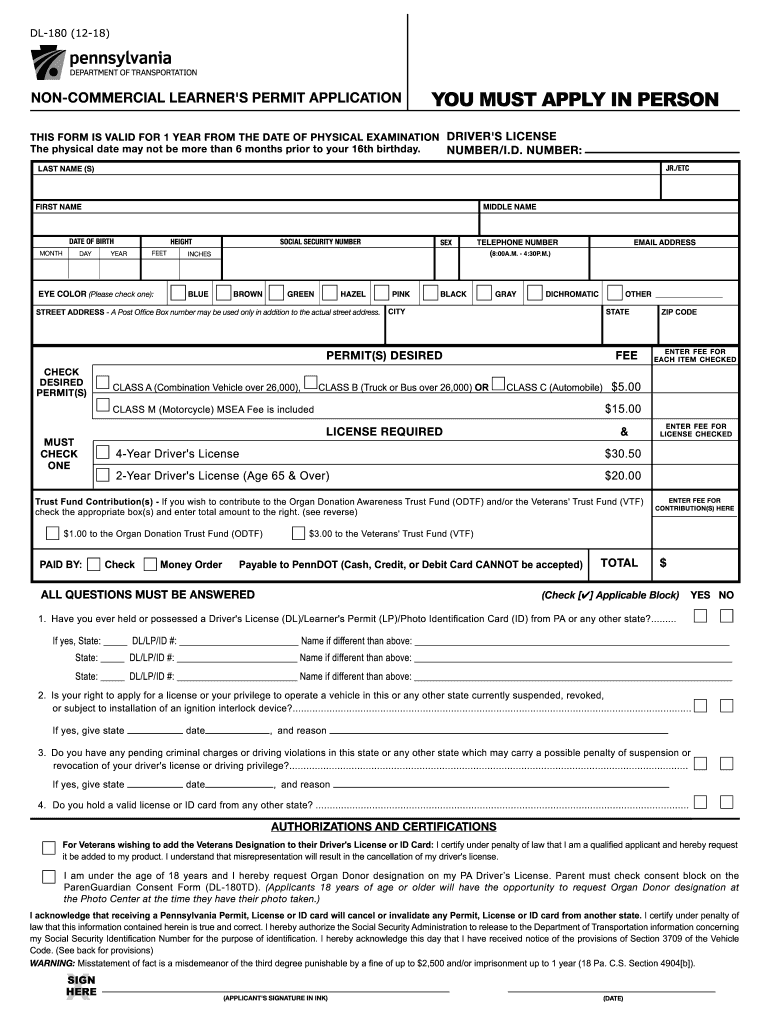 Pa Driver's Permit Physical Form 2018