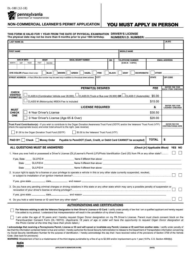  Pa Driver's Permit Physical Form 2018