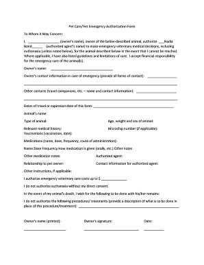 Pet CareVet Emergency Authorization Form to Whom it May