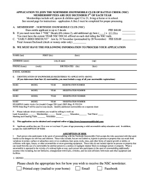 APPLICATION to JOIN the NORTHSIDE SNOWMOBILE CLUB of BATTLE CREEK NSC MEMBERSHIP FEES ARE DUE DECEMBER 1ST of EACH YEAR  Form