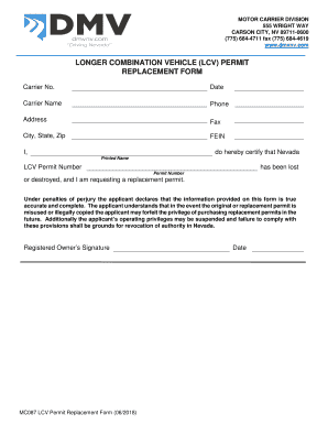 MC 087 LONGER COMBINATION VEHICLE LCV PERMIT REPLACEMENT FORM