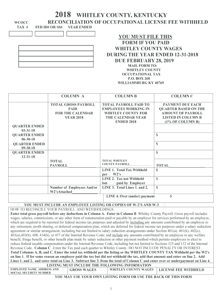  Whitley Co Ky Occupational Tax Forms 2018