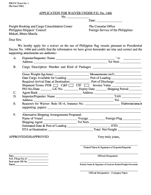 APPLICATION for WAIVER under P D No 1466 No Freight  Form