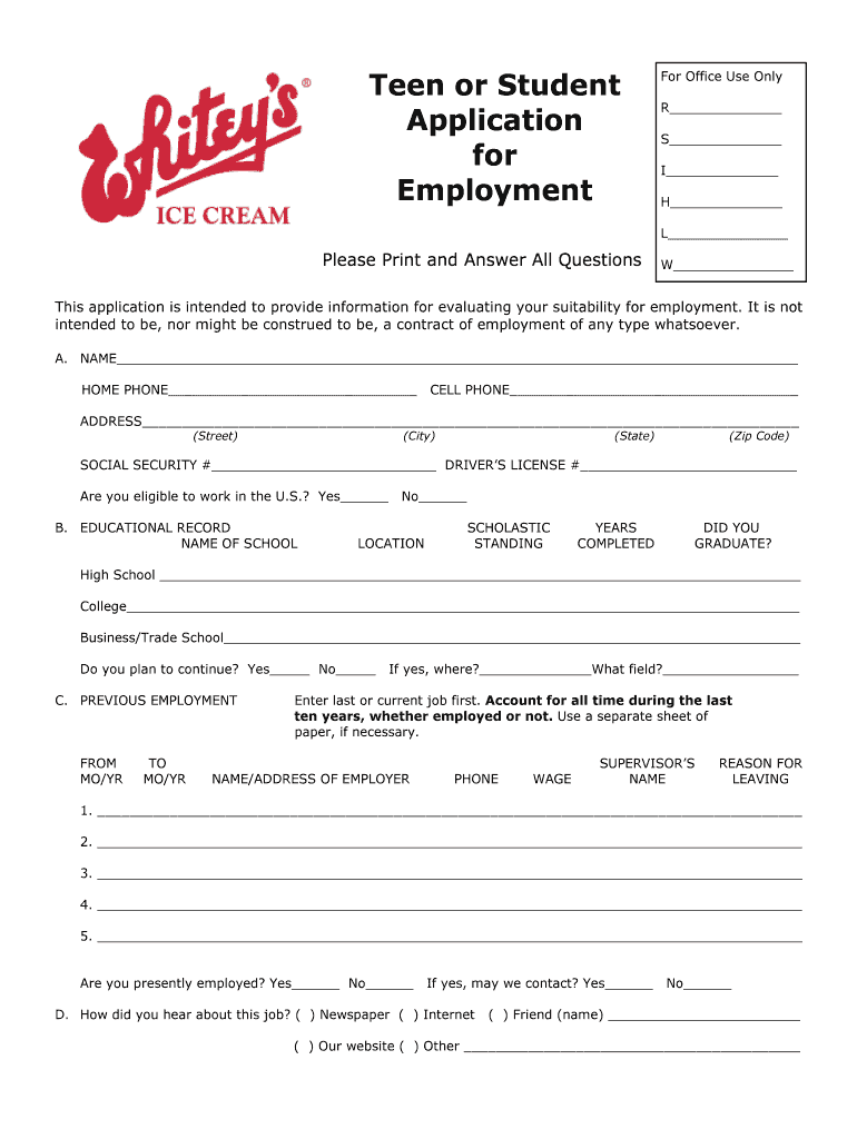 Teen or Student Employment Application  Form