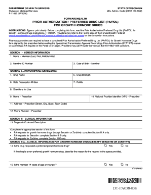 Prior AuthorizationPreferred Drug List PAPDL for Growth Hormone Drugs, F 11092,  Form