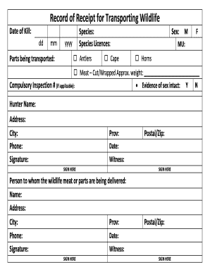 Record of Receipt for Transporting Wildlife  Form