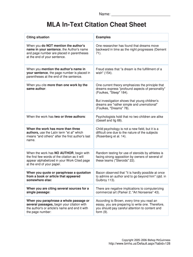 Mla Cheat Sheet  Form