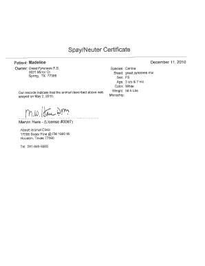 Neuter Certificate Template  Form