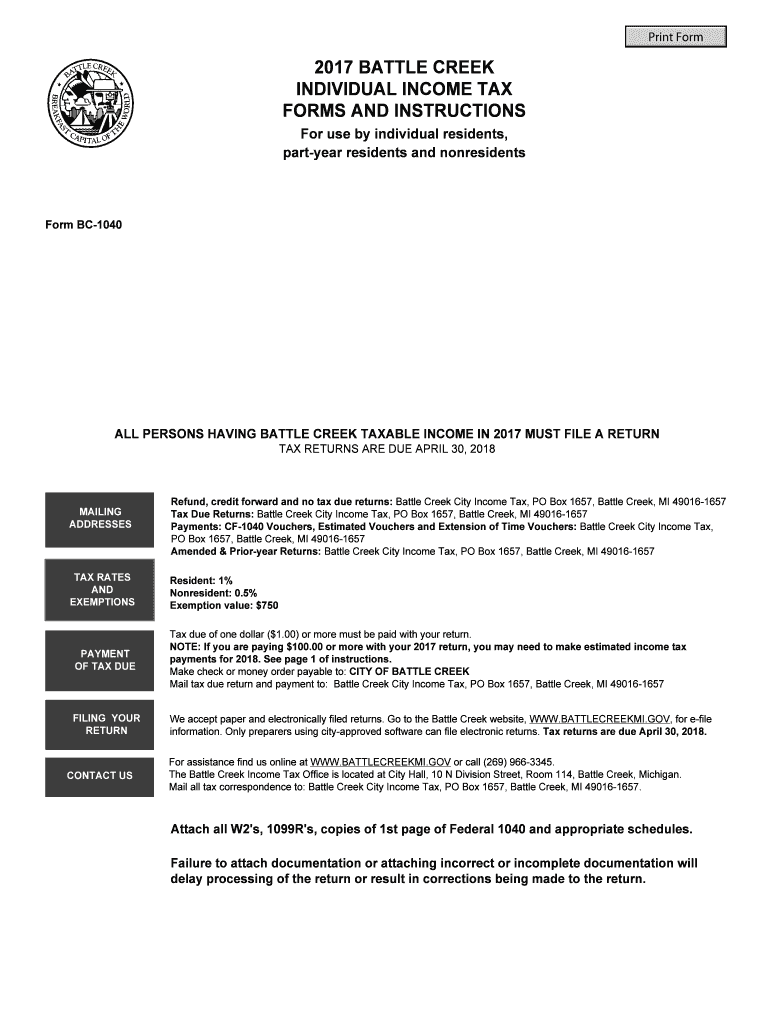  Refund, Credit Forward and No Tax Due Returns Battle Creek City Income Tax, PO Box 1657, Battle Creek, MI 49016 1657 2017