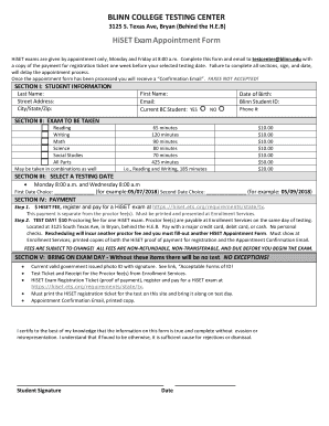 HiSET Exam Appointment Form Blinn Edu