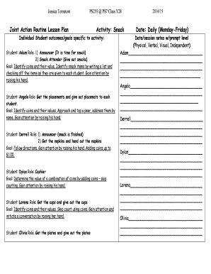Joint Action Routine Lesson Plan Activity Snack Date Daily Monday  Form