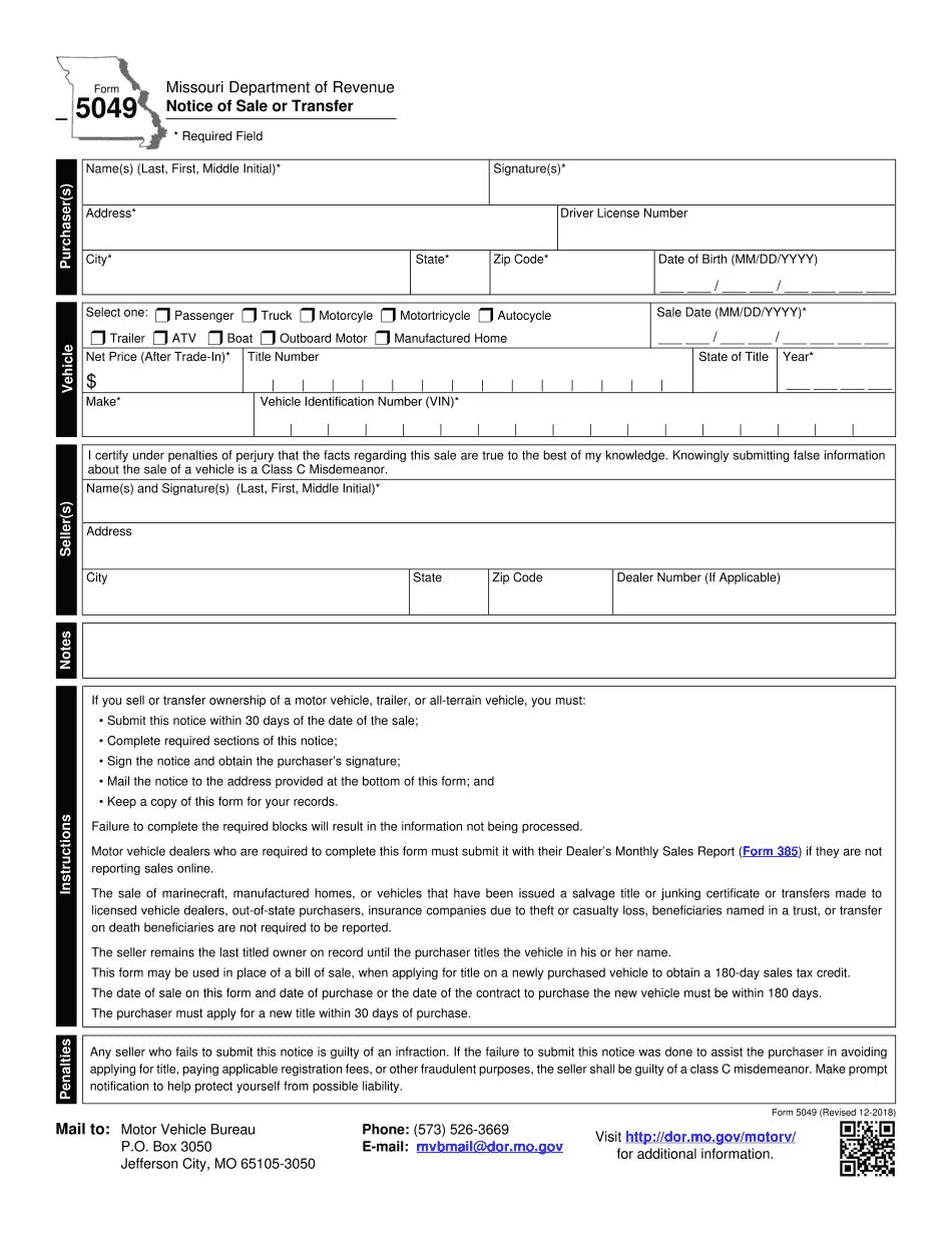  Missouri Bill of Sale Form 5049 2018-2024