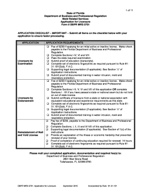 DBPR MRS 0701 Application for Licensure  Form