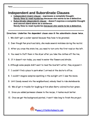 Dependent and Independent Clauses Worksheets  Form