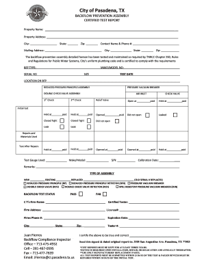 Backflow Prevention Assembly Test Report Pasadena, TX  Form