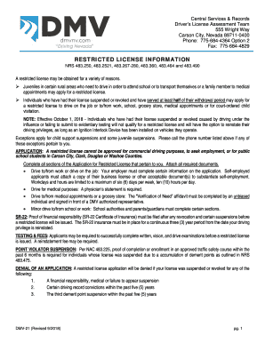 Application for Restricted License DMV 21 Nevada DMV  Form