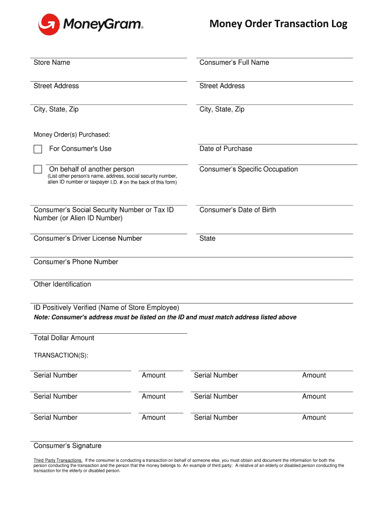 Money Order Transaction Log MoneyGram  Form