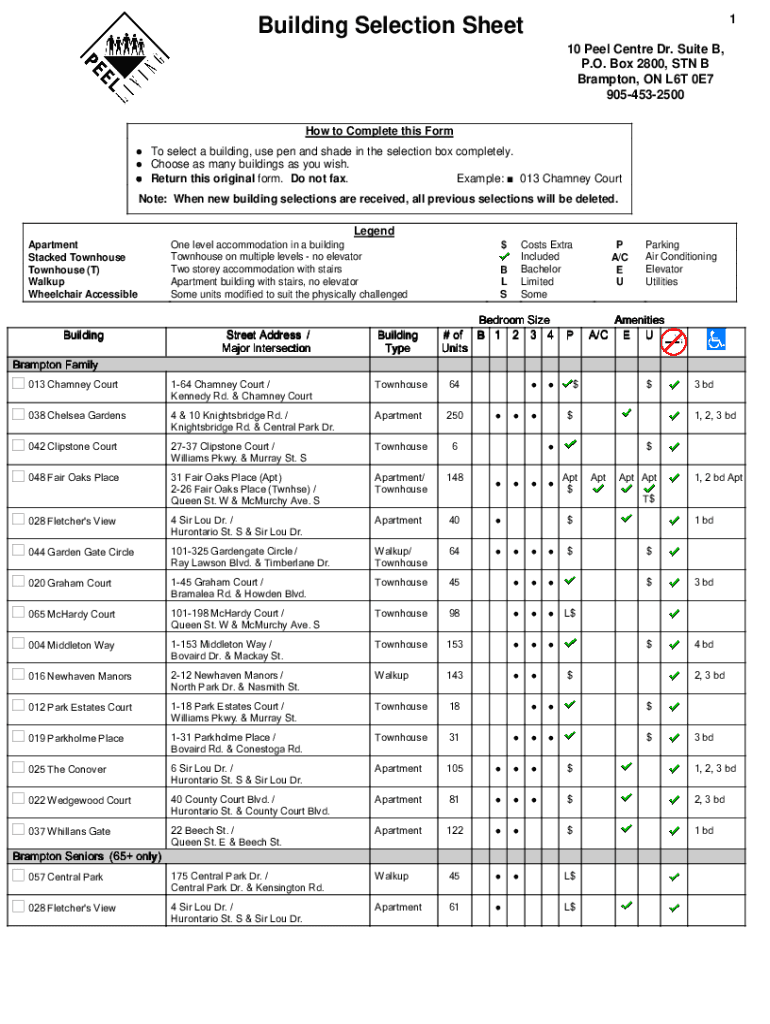  Building Selection Sheet Region of Peel 2020-2024