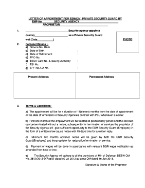 LETTER of APPOINTMENT for ESMCIV PRIVATE SECURITY GUARD by  Form