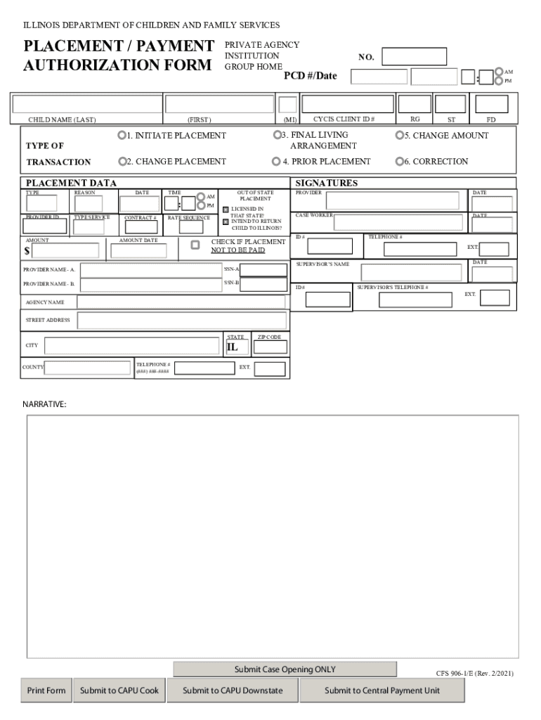 CFS 906 1 E Placement Payment Authorization Form 2021-2024
