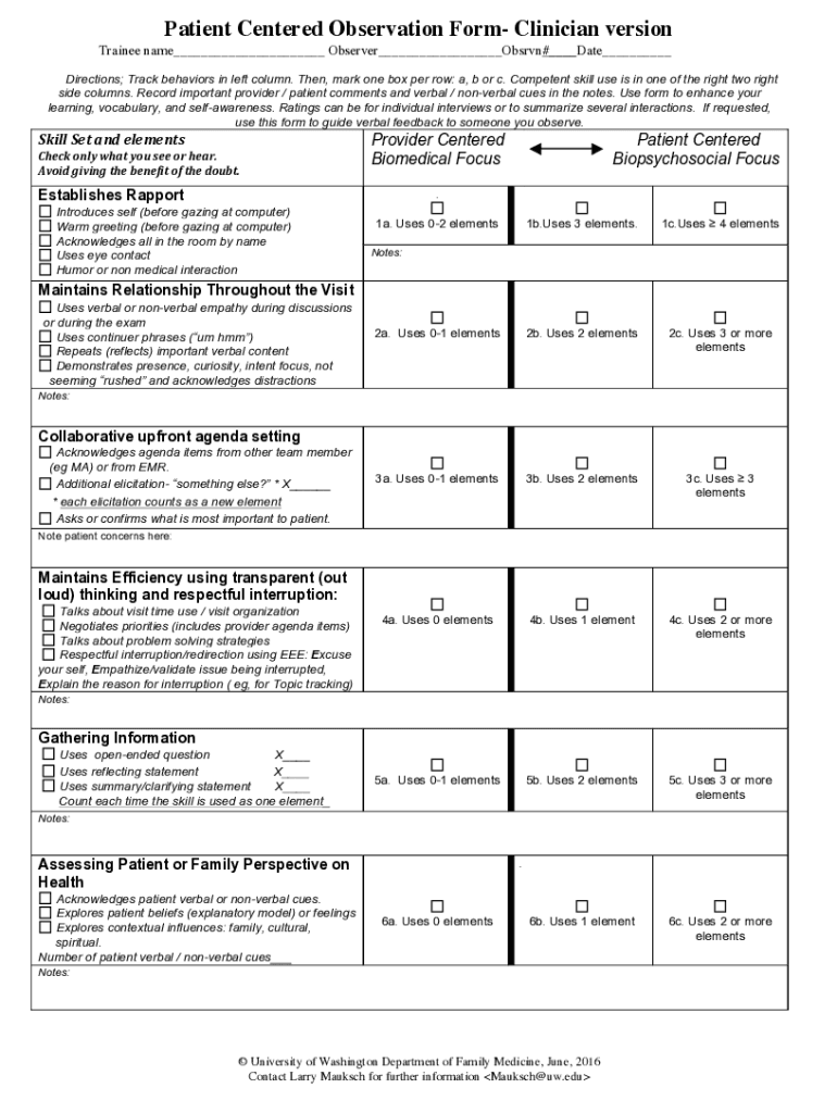 Patient Centered Observation Form Clinician Versio