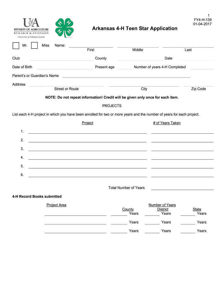 Arkansas 4 H Teen Star Application UAEX Edu  Form