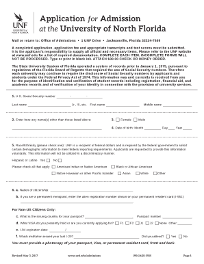 Application for Admission at the University of North Florida  Form