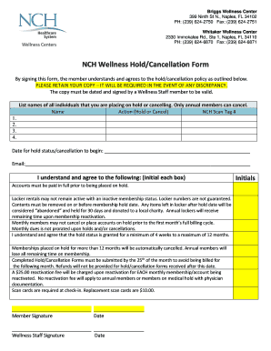 NCH Wellness HoldCancellation Form