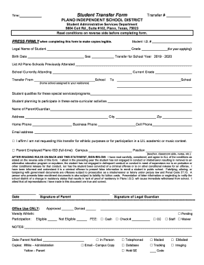  Student Transfer Form Transfer # PLANO INDEPENDENT SCHOOL 2018-2024