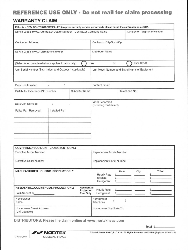 Nordyne Warranty Claim Form