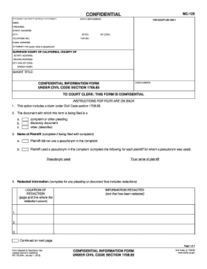  MC 125 Confidential Information Form under Civil Code Section 1708 85 Judicial Council Forms 2019-2024