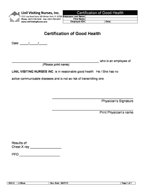 Certificate of Good Health  Form