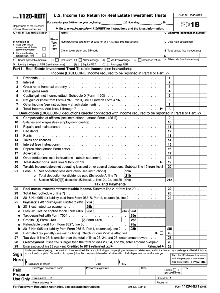  Form 1120 REIT U S Income Tax Return for Real Estate Investment Trusts 2018