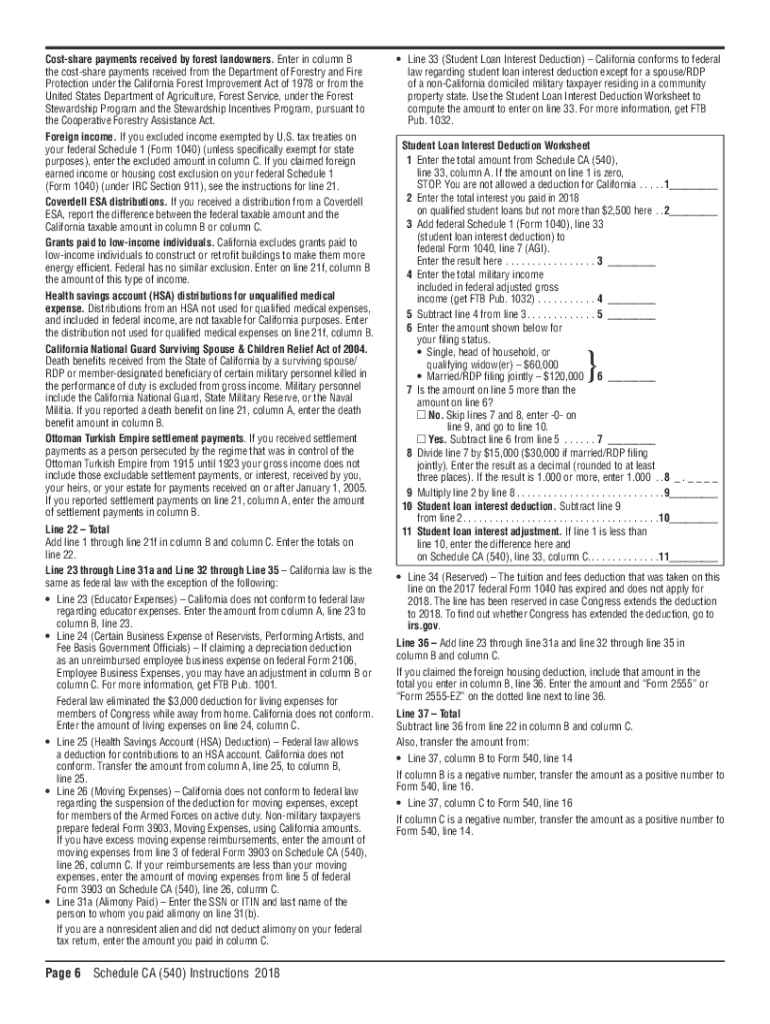  California Instructions 540 Form Printable 2018