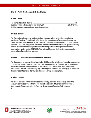 Ohio 4 H Youth Development Club Constitution Article I Name  Form