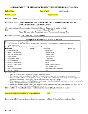  Authorization for Protected Health Information PHI 2017-2024