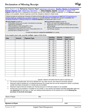 Ucsf Declaration of Missing Receipt  Form