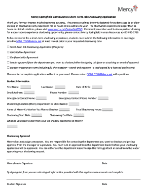 Mercy Springfield Communities Short Term Job Shadowing Application  Form