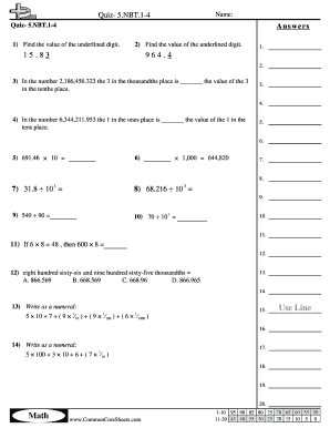 Quiz 5 NBT 1 4 Common Core Sheets  Form